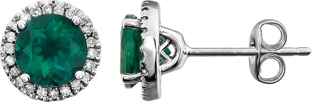 14K Gold Lab-Grown Emerald & Natural Diamond Round 4-Prong Halo-Style Birthstone Earrings