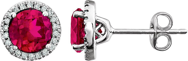 14K Gold Lab-Grown Ruby & Natural Diamond Round 4-Prong Halo-Style Birthstone Earrings