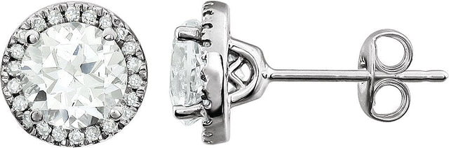 14K Gold Lab-Grown White Sapphire & Natural Diamond Round 4-Prong Halo-Style Birthstone Earrings
