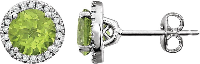 14K Gold Natural Peridot & Natural Diamond Round 4-Prong Halo-Style Birthstone Earrings