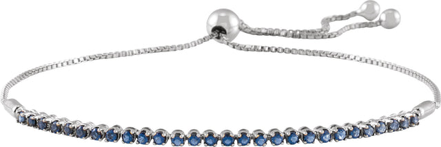 14K Gold Round Natural Blue Sapphire Adjustable Bolo Bracelet - White Gold