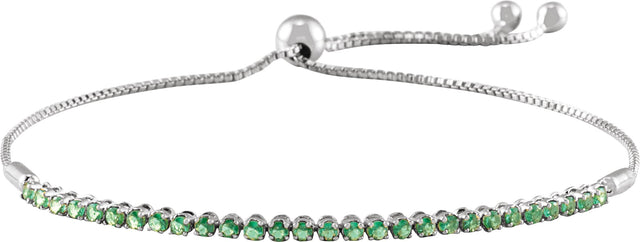 14K Gold Round Natural Emerald Adjustable Bolo Bracelet - White Gold