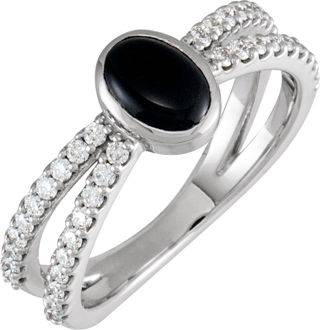 14K Gold Oval Natural Black Onyx & Natural Diamond Accented Cabochon Ring – 7x5mm - White Gold