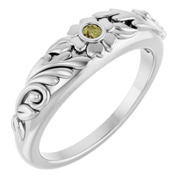 Platinum Round Natural Green Sapphire Accented Floral Ring