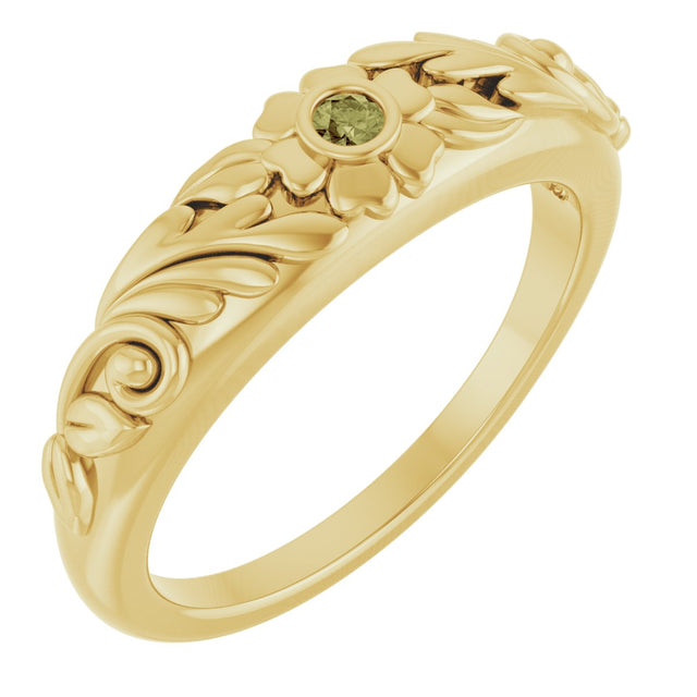 14K Gold Round Natural Green Sapphire Accented Floral Ring - Yellow Gold