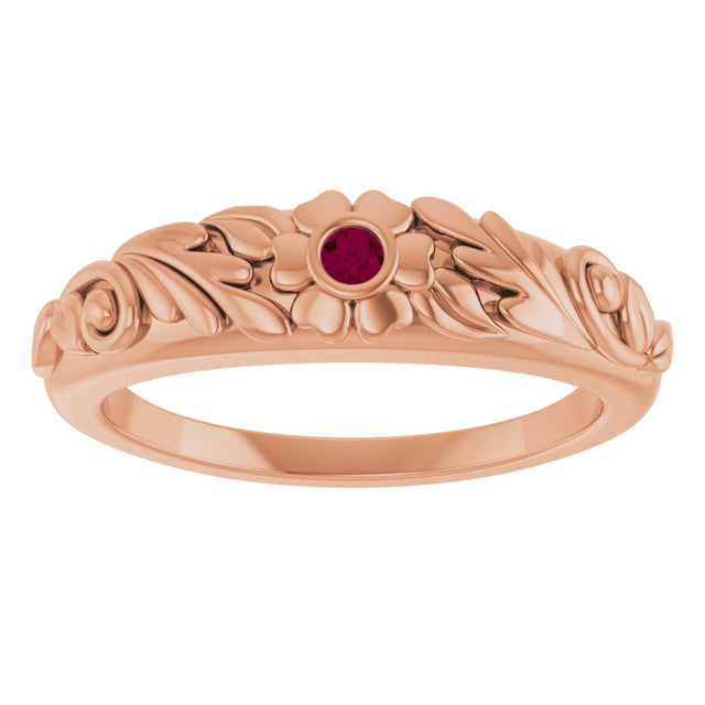 14K Gold Round Natural Rhodolite Garnet Accented Floral Ring - Rose Gold