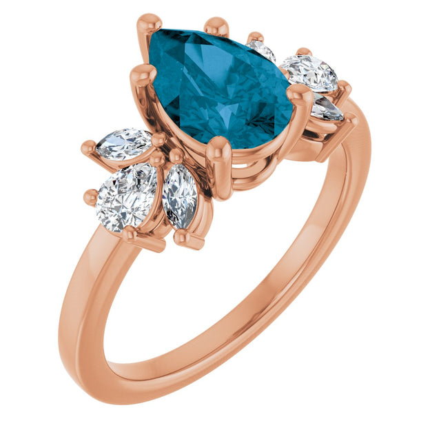 14K Gold Pear Natural London Blue Topaz & Lab-Grown Diamond Accented Ring - Rose Gold