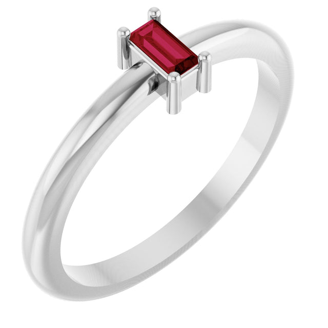 14K Gold Straight Baguette Natural Ruby Stackable Ring - White Gold