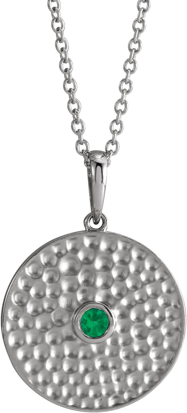 Platinum Round Lab-Grown Emerald Beaded Disc Necklace or Pendant