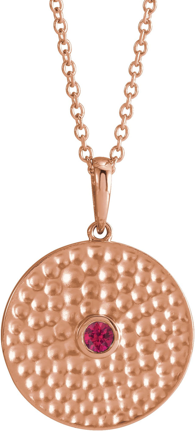 14K Gold Round Lab-Grown Ruby Beaded Disc Necklace or Pendant - Rose Gold