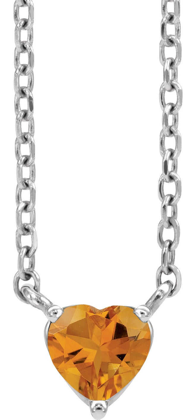 14K Gold Heart Natural Citrine Solitaire Necklace - White Gold