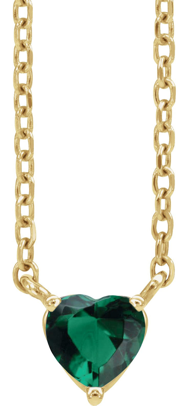 14K Gold Heart Lab-Grown Emerald Solitaire Necklace - Yellow Gold