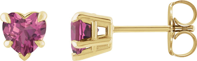 14K Gold Natural Pink Tourmaline Heart 5-Prong Claw V-End Stud Earrings - Yellow Gold