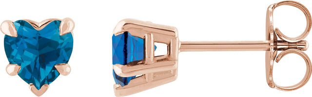 14K Gold Natural London Blue Topaz Heart 5-Prong Claw V-End Stud Earrings - Rose Gold