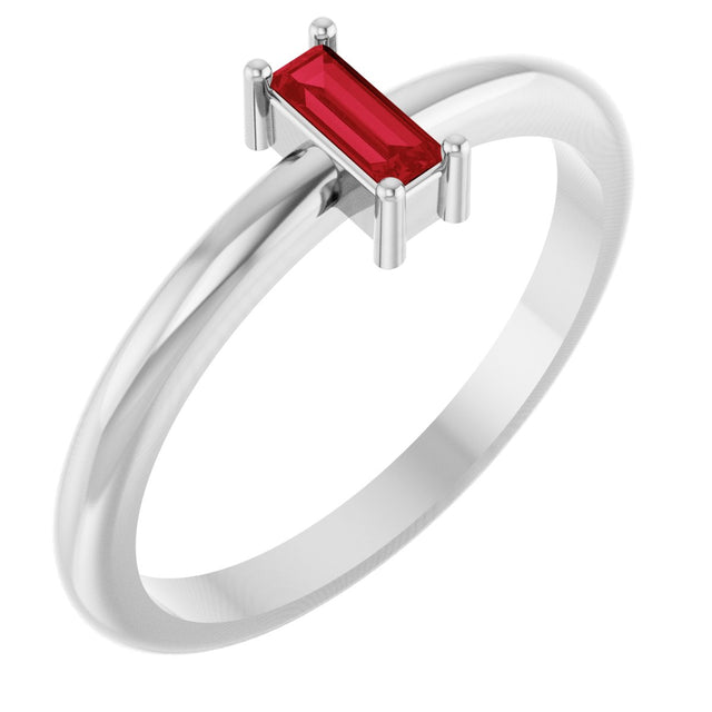 14K Gold Straight Baguette Lab-Grown Ruby Stackable Ring - White Gold