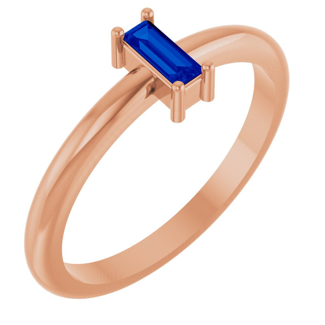 14K Gold Straight Baguette Lab-Grown Blue Sapphire Stackable Ring - Rose Gold