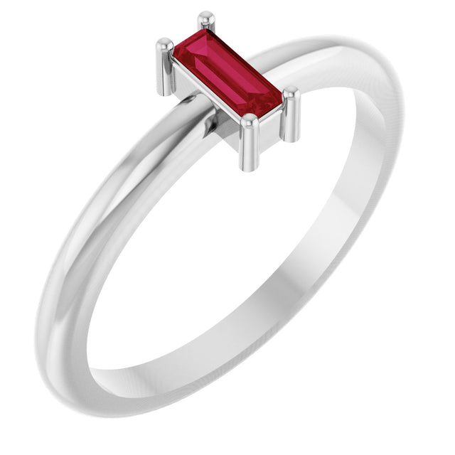14K Gold Straight Baguette Natural Ruby Stackable Ring - White Gold