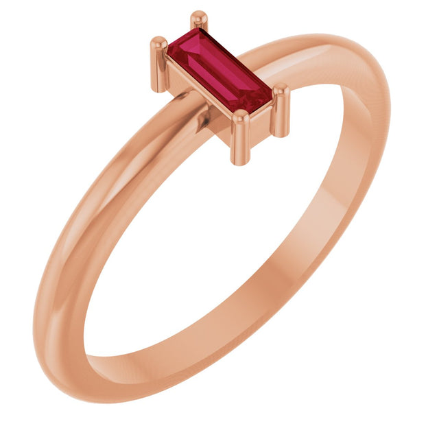 14K Gold Straight Baguette Natural Ruby Stackable Ring - Rose Gold