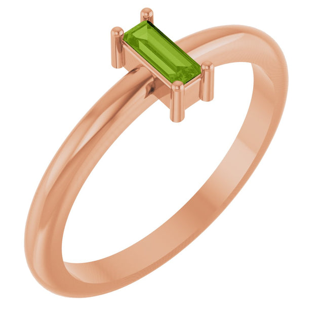 14K Gold Straight Baguette Natural Peridot Stackable Ring - Rose Gold