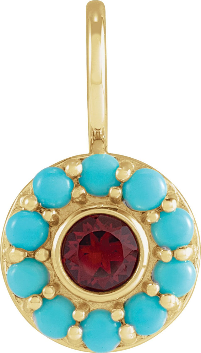 14K Gold Round Natural Mozambique Garnet & Natural Turquoise Halo-Style Pendant - Yellow Gold
