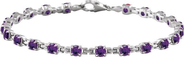 14K Gold Round Natural Amethyst Line Bracelet - White Gold