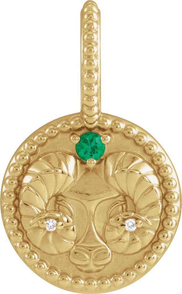 14K Gold Round Natural Emerald & Natural Diamond Zodiac Pendant - Yellow Gold