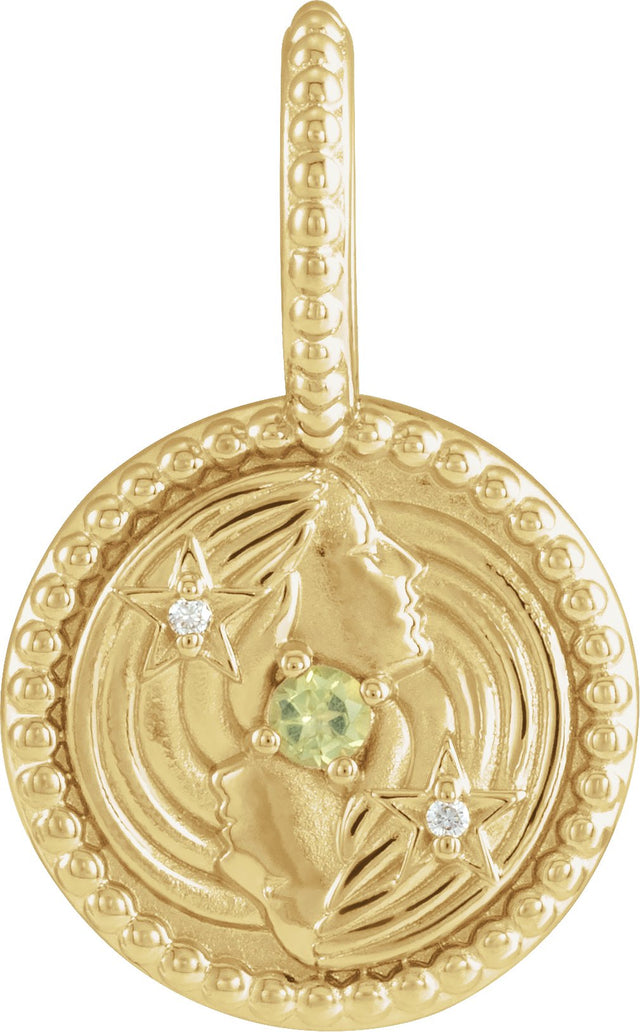 14K Gold Round Natural Peridot & Natural Diamond Zodiac Pendant - Yellow Gold