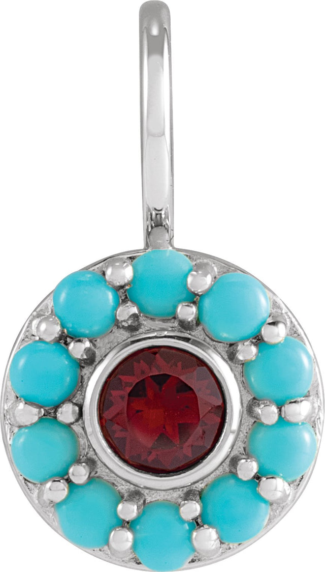 14K Gold Round Natural Mozambique Garnet & Natural Turquoise Halo-Style Pendant - White Gold