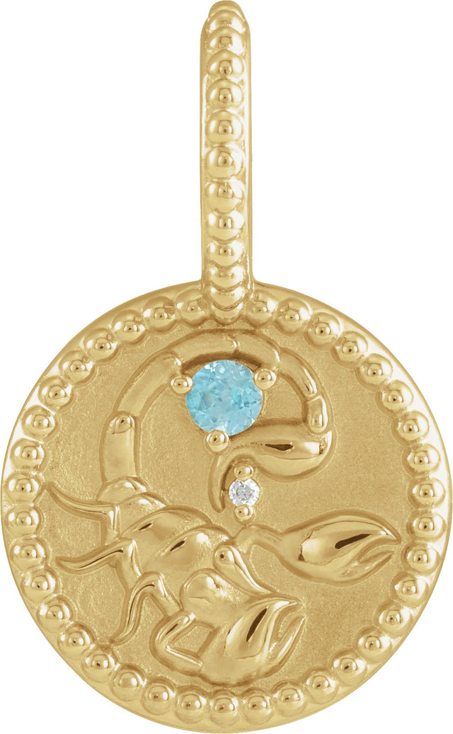 14K Gold Round Natural Blue Zircon & Natural Diamond Zodiac Pendant - Yellow Gold