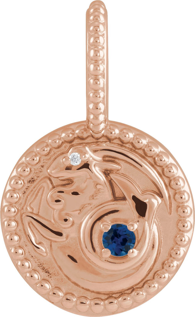 14K Gold Round Natural Blue Sapphire & Natural Diamond Zodiac Pendant - Rose Gold