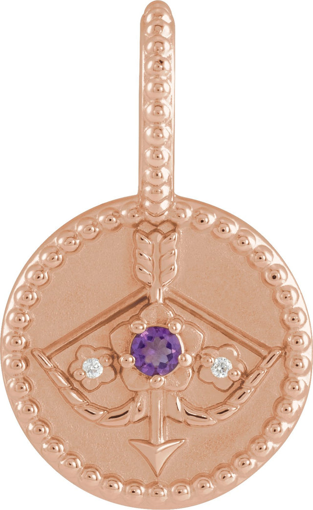 14K Gold Round Natural Amethyst & Natural Diamond Zodiac Pendant - Rose Gold