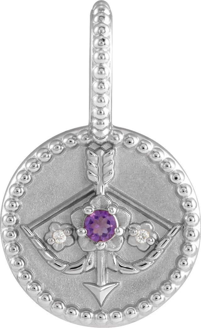Platinum Round Natural Amethyst & Natural Diamond Zodiac Pendant