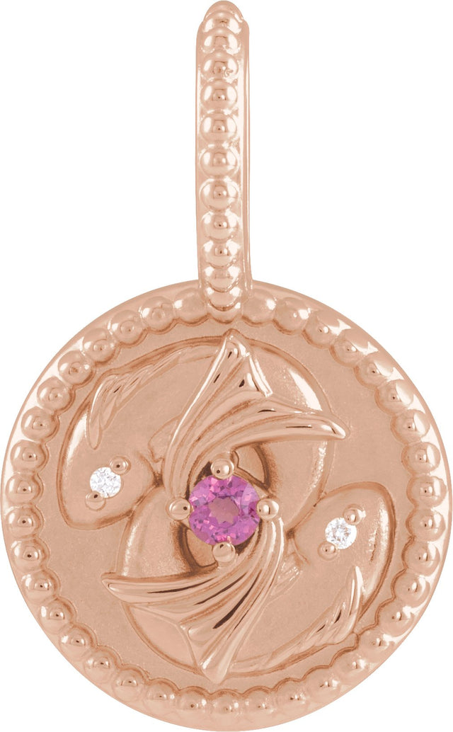 14K Gold Round Natural Rhodolite Garnet & Natural Diamond Zodiac Pendant - Rose Gold
