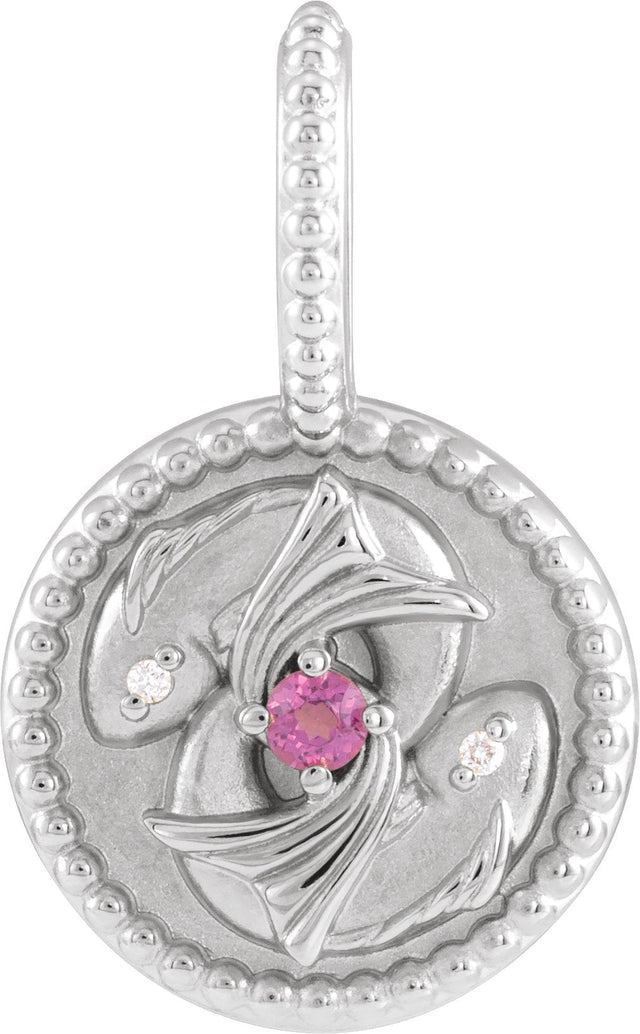 14K Gold Round Natural Rhodolite Garnet & Natural Diamond Zodiac Pendant - White Gold