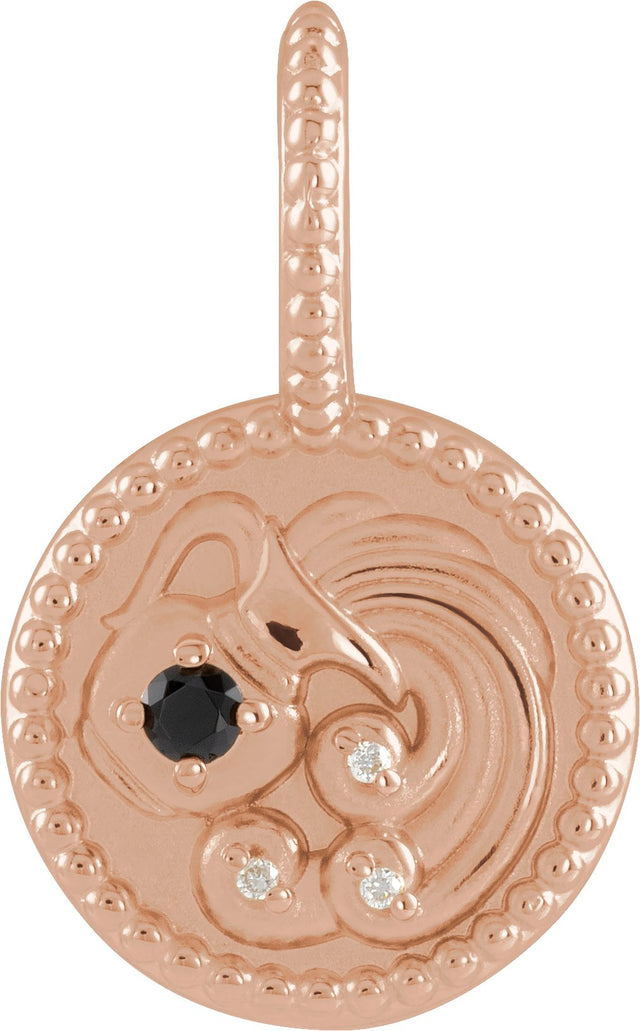 14K Gold Round Natural Black Spinel & Natural Diamond Zodiac Pendant - Rose Gold