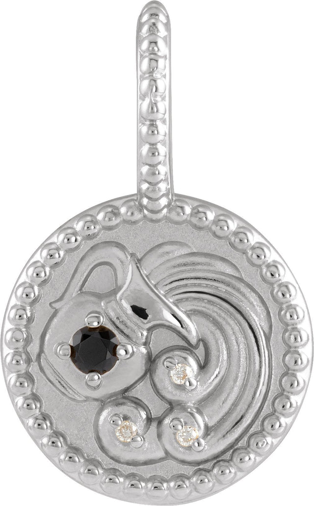 14K Gold Round Natural Black Spinel & Natural Diamond Zodiac Pendant - White Gold