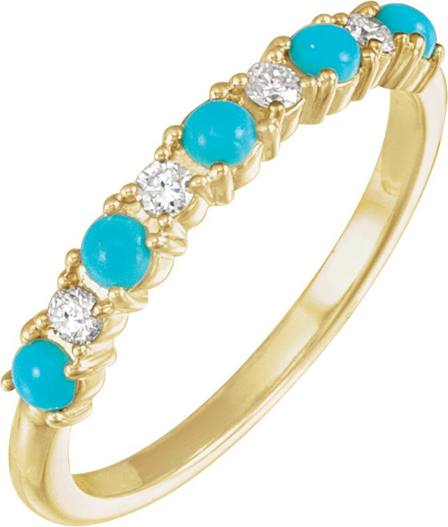 14K Gold Round Natural Turquoise & Natural Diamond Accented Cabochon Ring – 2.5mm Stones - Yellow Gold