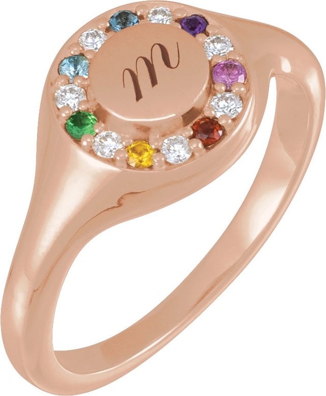 14K Gold Round Natural Diamond Halo-Style Signet Ring - Rose Gold