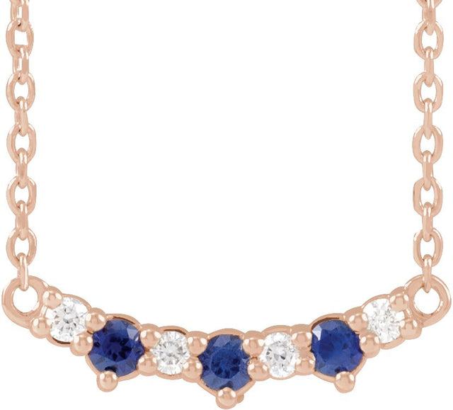 14K Gold Round Lab-Grown Blue Sapphire & Natural Diamond Accented Bar Necklace - Rose Gold