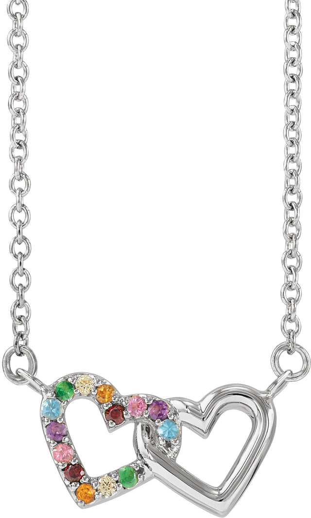 14K Gold Round Natural Multi-Gemstone Rainbow Double Heart Necklace - White Gold