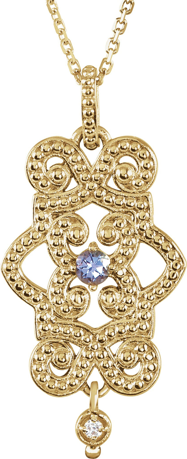 14K Gold Round Natural Tanzanite & Natural Diamond Granulated Necklace or Pendant