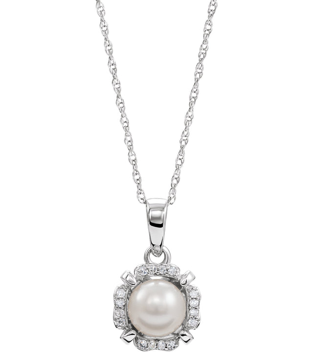 14K Gold Pearl Cultured White Freshwater Pearl & Natural Diamond Halo-Style Birthstone Necklace – 0.05 CTW