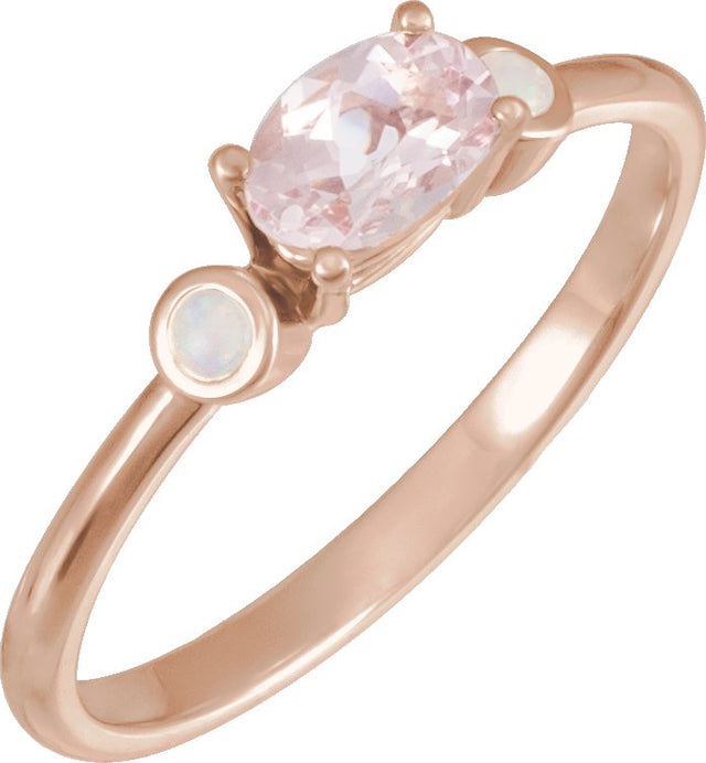 14K Gold Natural Pink Morganite & Natural White Opal Oval 4-Prong Accented Ring - Rose Gold