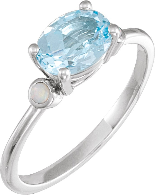 Platinum Natural Sky Blue Topaz & Natural White Opal Oval 4-Prong Accented Ring