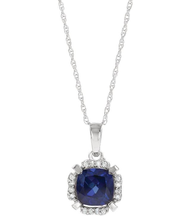 14K Gold Cushion Lab-Grown Blue Sapphire & Natural Diamond Halo-Style Birthstone Necklace – 0.04 CTW