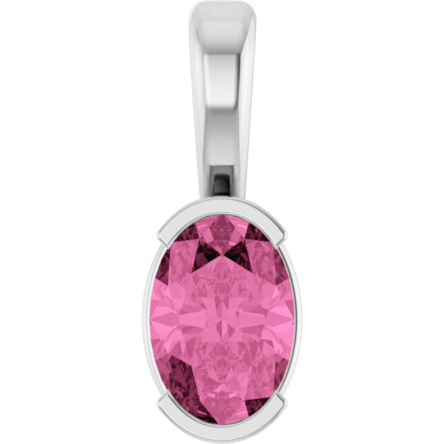 14K Gold Oval Lab-Grown Pink Sapphire Half-Bezel Solitaire Pendant - White Gold