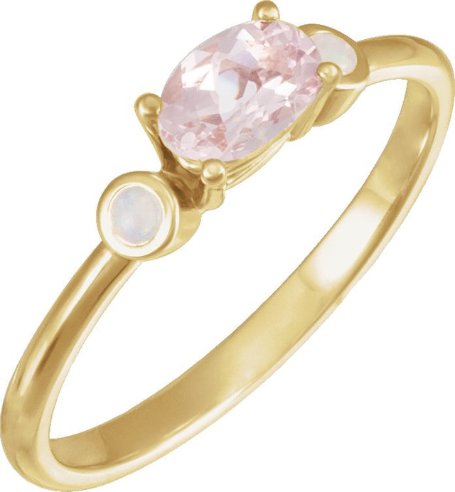 14K Gold Natural Pink Morganite & Natural White Opal Oval 4-Prong Accented Ring - Yellow Gold