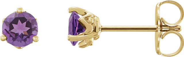 14K Gold Natural Amethyst Round 3-Prong Stud Earrings - Yellow Gold
