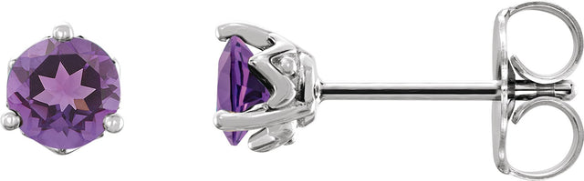 14K Gold Natural Amethyst Round 3-Prong Stud Earrings - White Gold