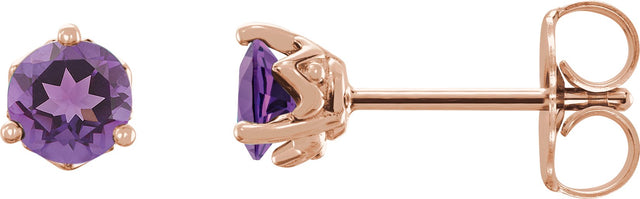 14K Gold Natural Amethyst Round 3-Prong Stud Earrings - Rose Gold